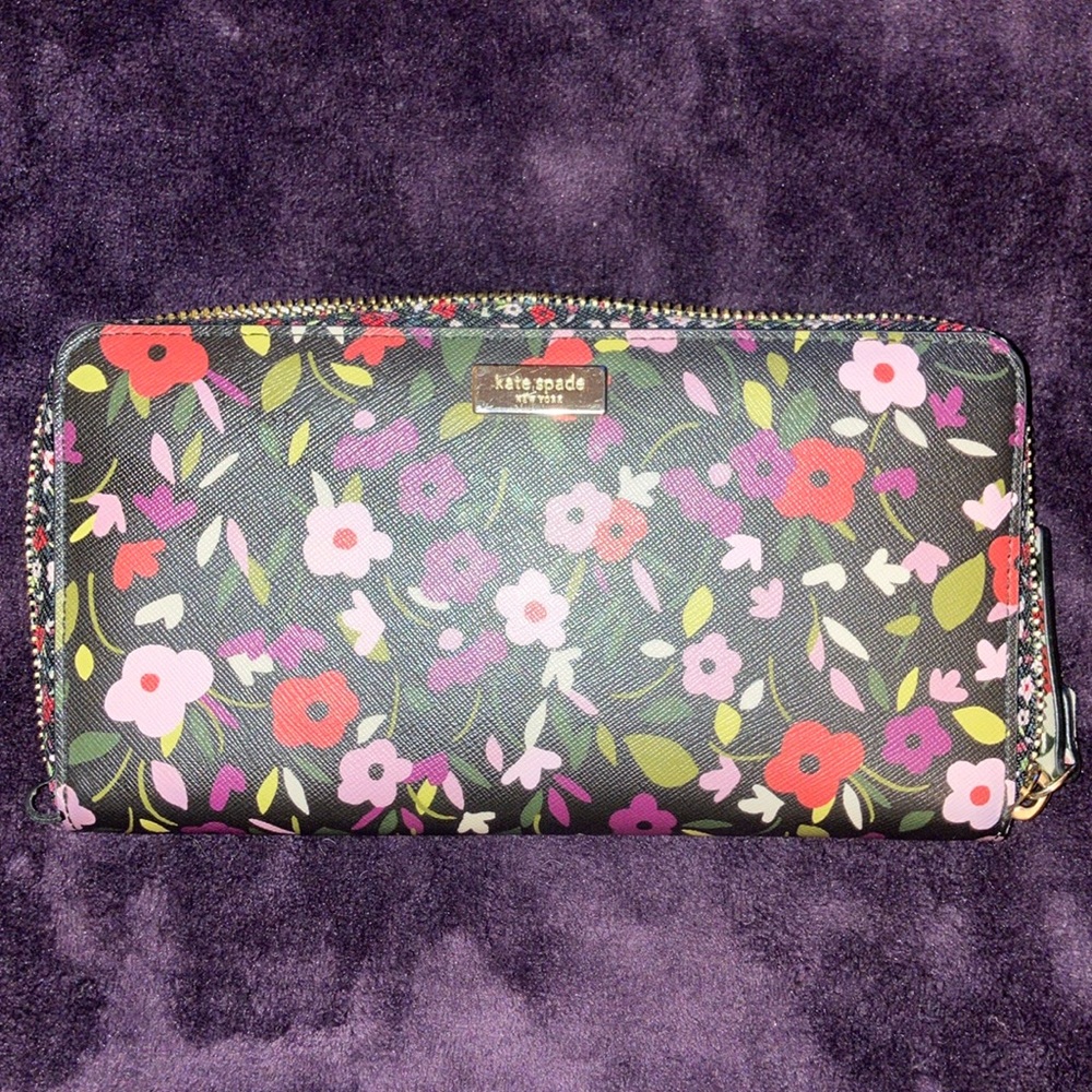 EUC - Kate Spade full size wallet. Black w/ pink & purple flowers. Like-new!